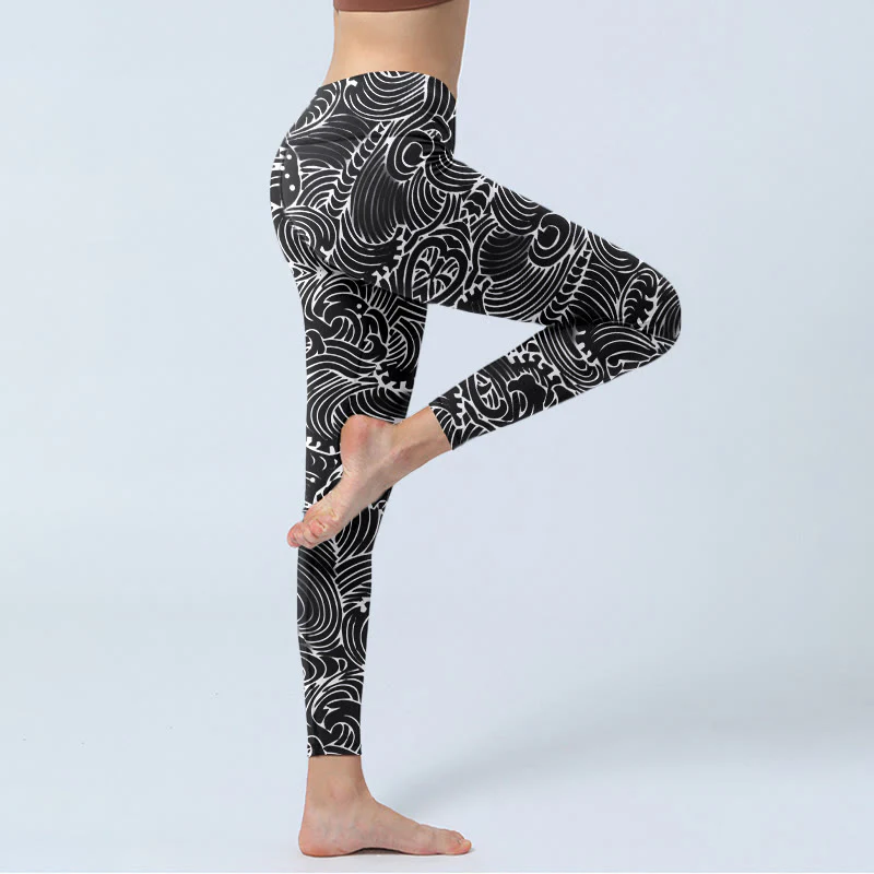 Buddha Stones White Line Waves Pattern Print Gym Leggings Women's Yoga Pants