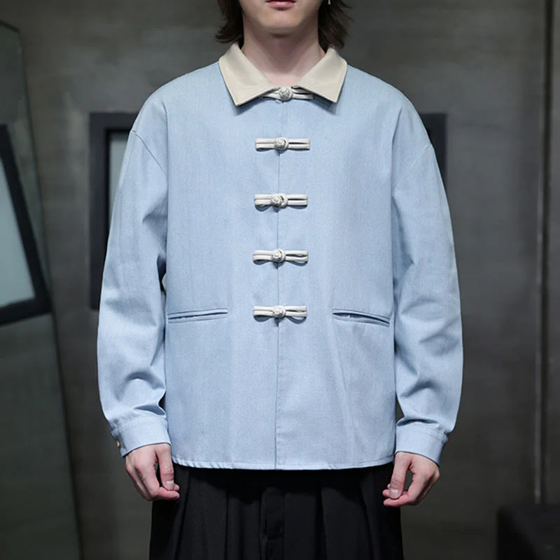 Buddha Stones Men's Frog-Button Cotton Long Sleeve Shirt With Pockets