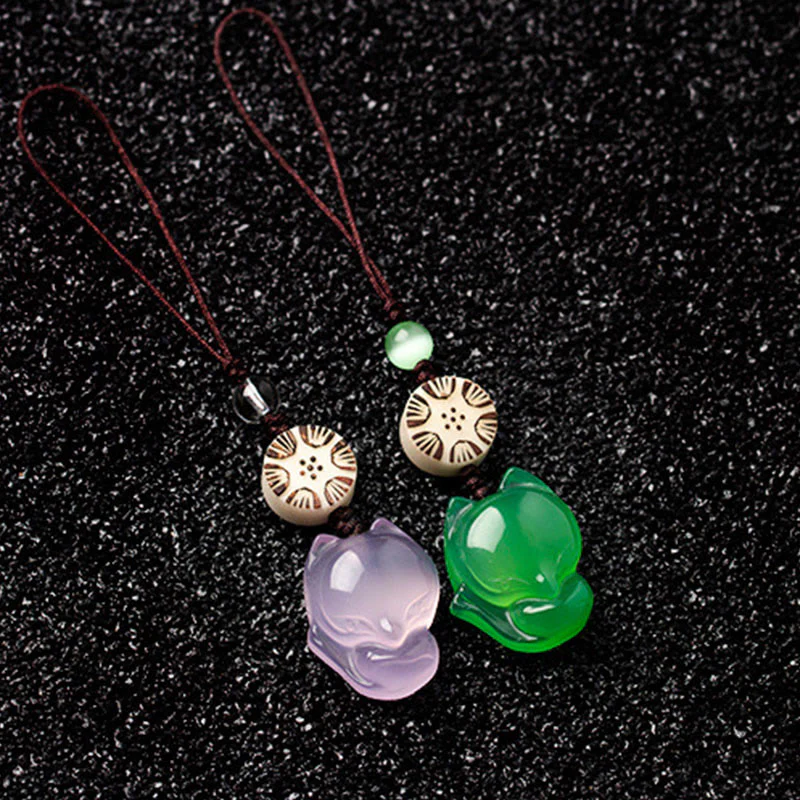Buddha Stones Natural Chalcedony Fox Harmony Phone Hanging Decoration