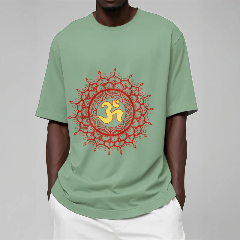 Buddha Stones Casual Red Mandala Om Symbol Pattern Cotton Tee T-shirt