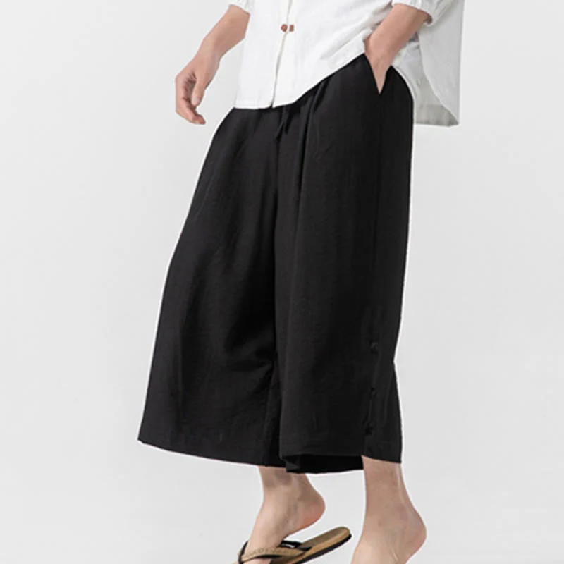 Buddha Stones Casual Loose Frog-Button Plain Men's Cotton 7-8 Length Wide Leg Pants With Pockets