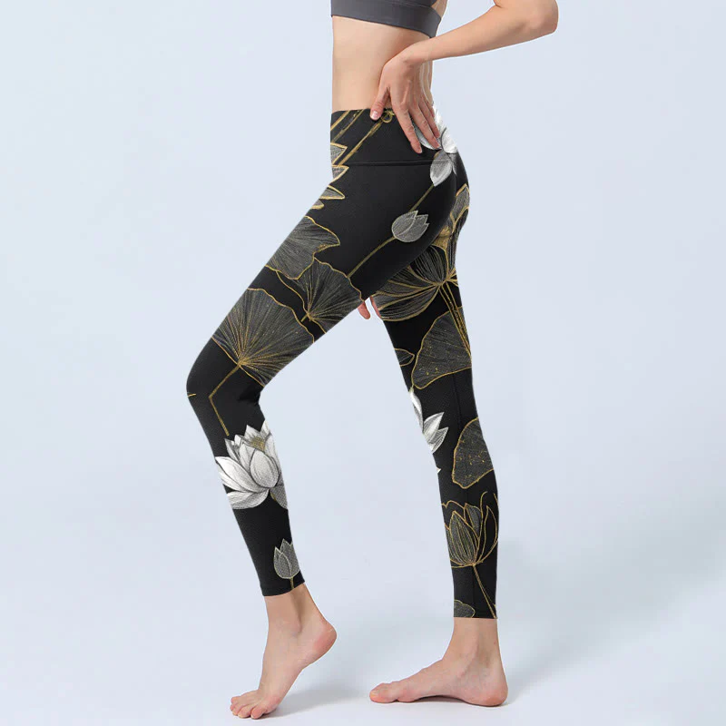 Buddha Stones White Golden Lotus Leaves Print Gym Leggings Women's Yoga Pants