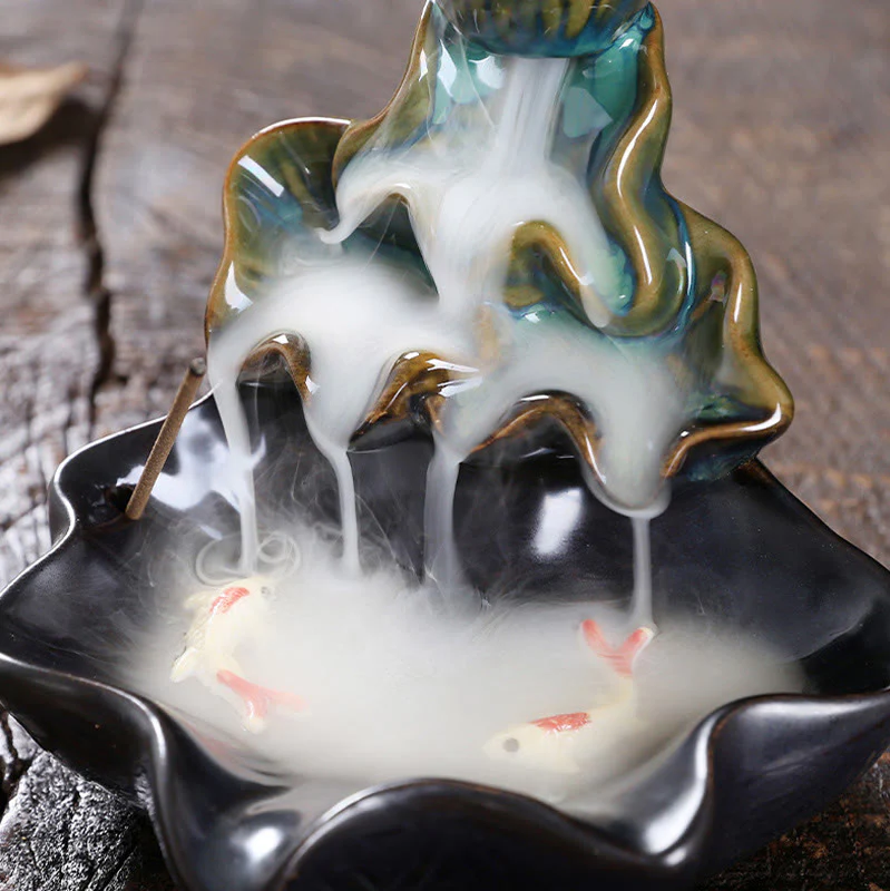 Buddha Stones Lotus Leaf Koi Fish Ceramic Backflow Smoke Fountain Peace Incense Burner Decoration