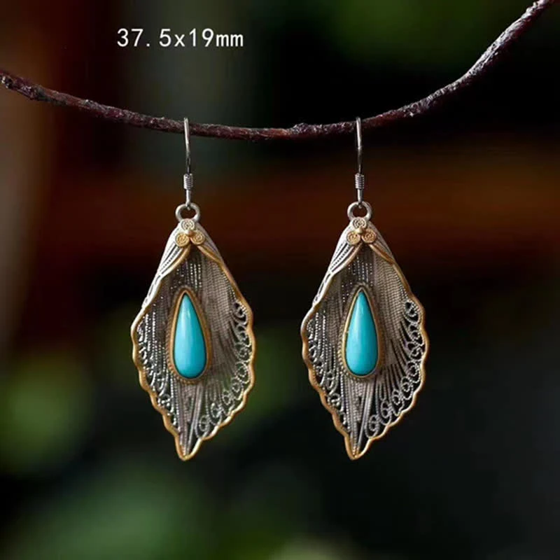 Buddha Stones 925 Sterling Silver Turquoise Bodhi Leaf Pattern Protection Drop Dangle Earrings