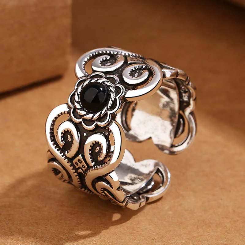 Buddha Stones Black Onyx Copper Mongolian Pattern Adjustable Fortune Ring
