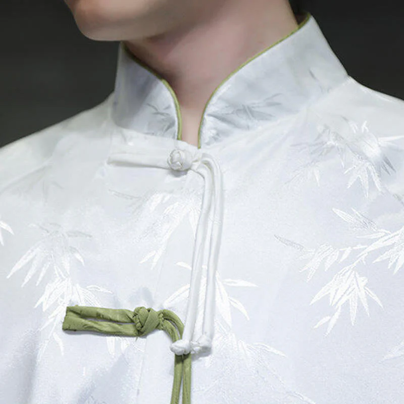 Buddha Stones Jacquard Bamboo Pattern Chinese Frog-Button Stand Collar Tang Suit Men's Cotton Shirt