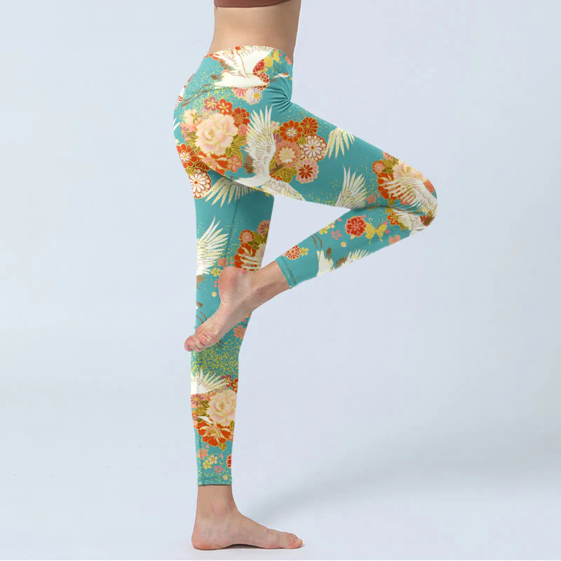 Buddha Stones Red-crowned Cranes Peony Flowers Butterfly Pattern Print Gym Leggings Women's Yoga Pants
