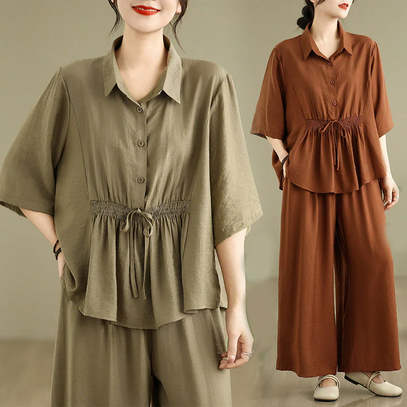 Buddha Stones 2pcs Casual Women's Stand Collar Shirt Loose Pants Meditation Clothing Set