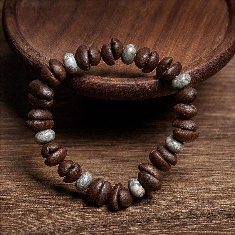 Buddha Stones Natural Coffee Beans Tiger Eye Grey Jasper Lava Rock Beads Bracelet