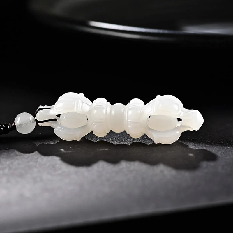 Buddha Stones Tibetan Natural Hetian Cyan Jade White Jade Dorje Vajra Engraved Success Necklace Pendant