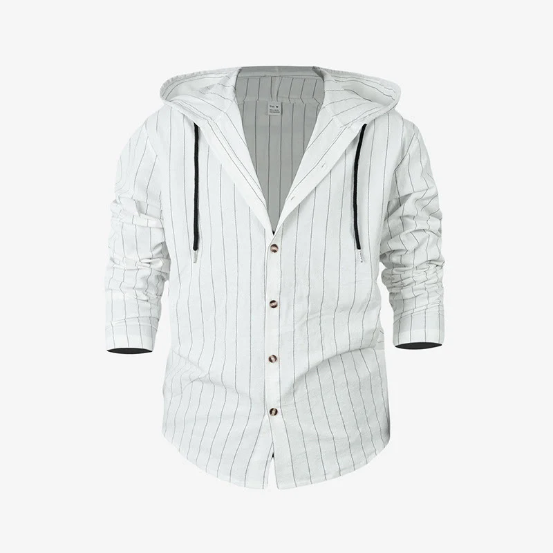 Buddha Stones Solid Long Sleeve Hooded Stripes Drawstring Buttons Linen Men's Shirt