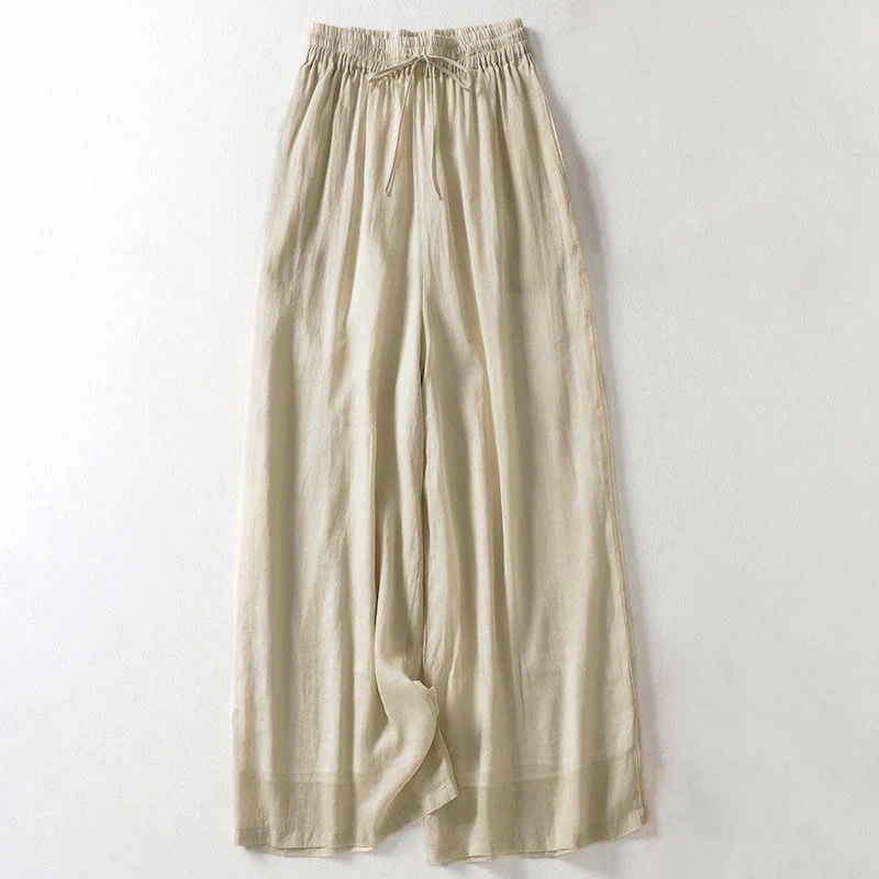 Buddha Stones Solid Color Lace-up Cotton Women's Wide Leg Pants