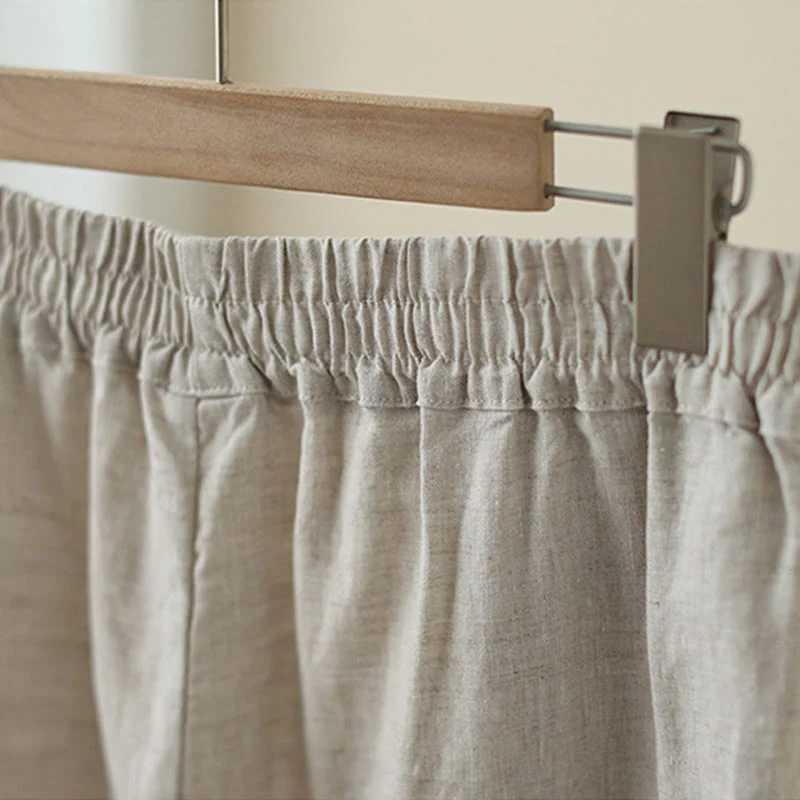 Buddha Stones Commute Retro Plain Lace Patchwork Design 7-8 Length Women's Wide Leg Cotton Pants With Pockets