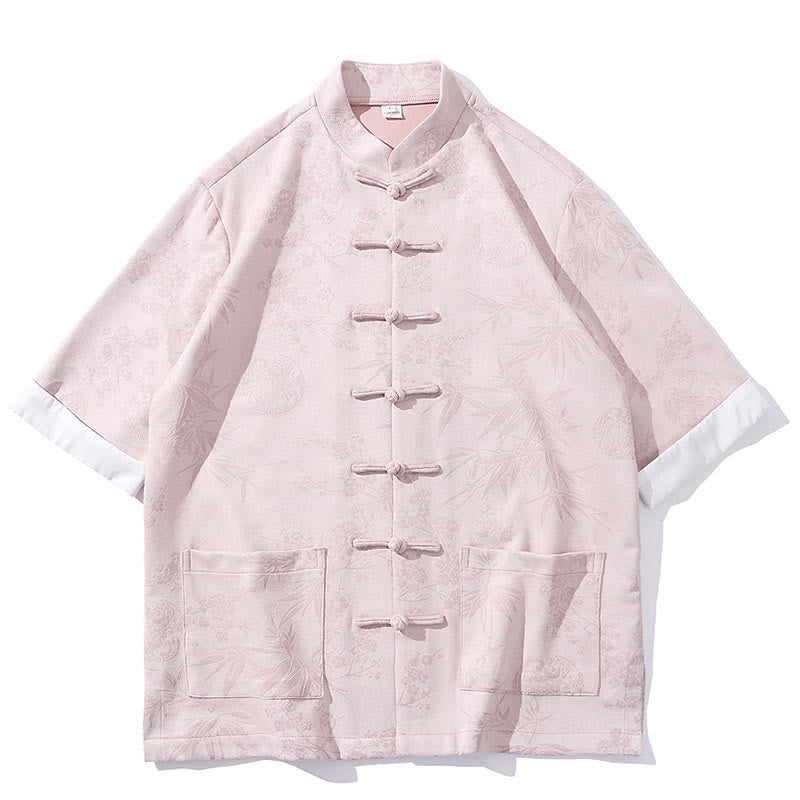 Buddha Stones Jacquard Bamboo Plum Bossom Pattern Chinese Frog-Button Design Men's Half Sleeve Cotton Shirt With Pockets