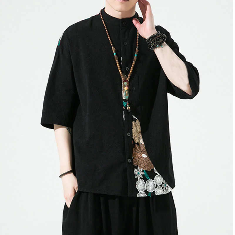 Buddha Stones Embroidery Patchwork Simple Design Three Quarter Sleeve Men's Cotton Linen Shirt