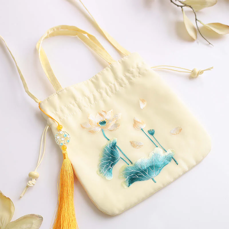 Buddha Stones Lotus Peony Epiphyllum Phoenix Suzhou Embroidery Cotton Linen Tote Crossbody Bag Shoulder Bag Handbag