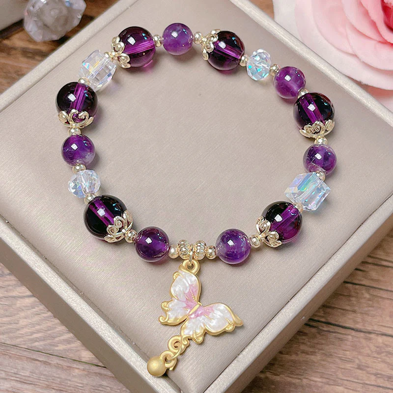 Buddha Stones Natural Amethyst Sun Stone Butterfly Peace Bracelet