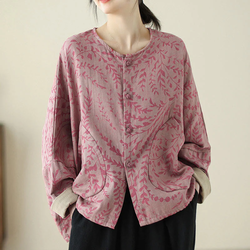 Buddha Stones Leaf Print Women's Cotton Linen Jacket With Pockets