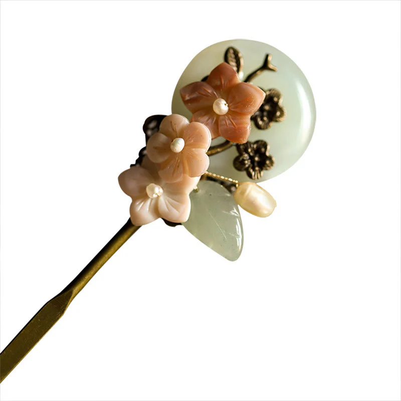 Buddha Stones Copper Jade Shell Flower Leaves Luck Hairpin