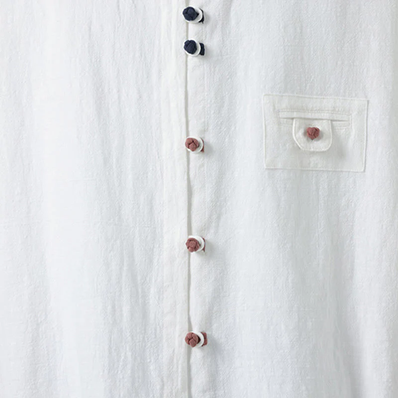 Buddha Stones Summer Frog-Button Front Stand Collar Men's Three Quarter Sleeve Cotton Shirt Cardigan With Pocket