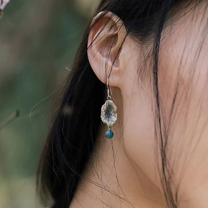 Buddha Stones 925 Sterling Silver Turquoise Lotus Leaf Protection Drop Dangle Earrings