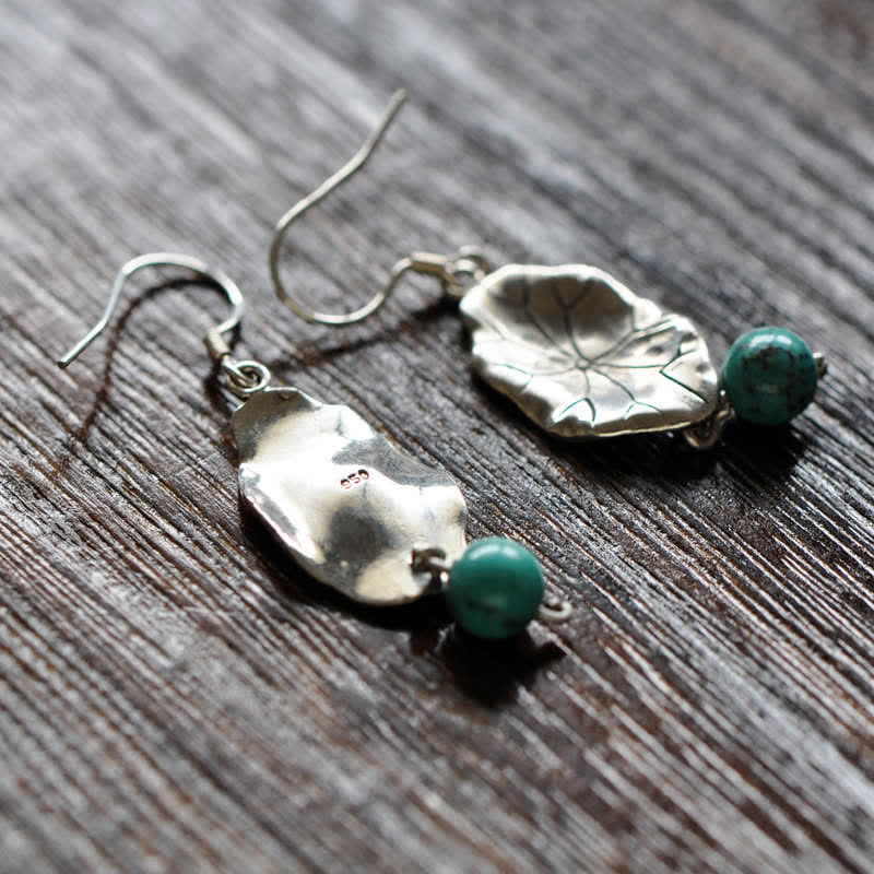 Buddha Stones 925 Sterling Silver Turquoise Lotus Leaf Protection Drop Dangle Earrings
