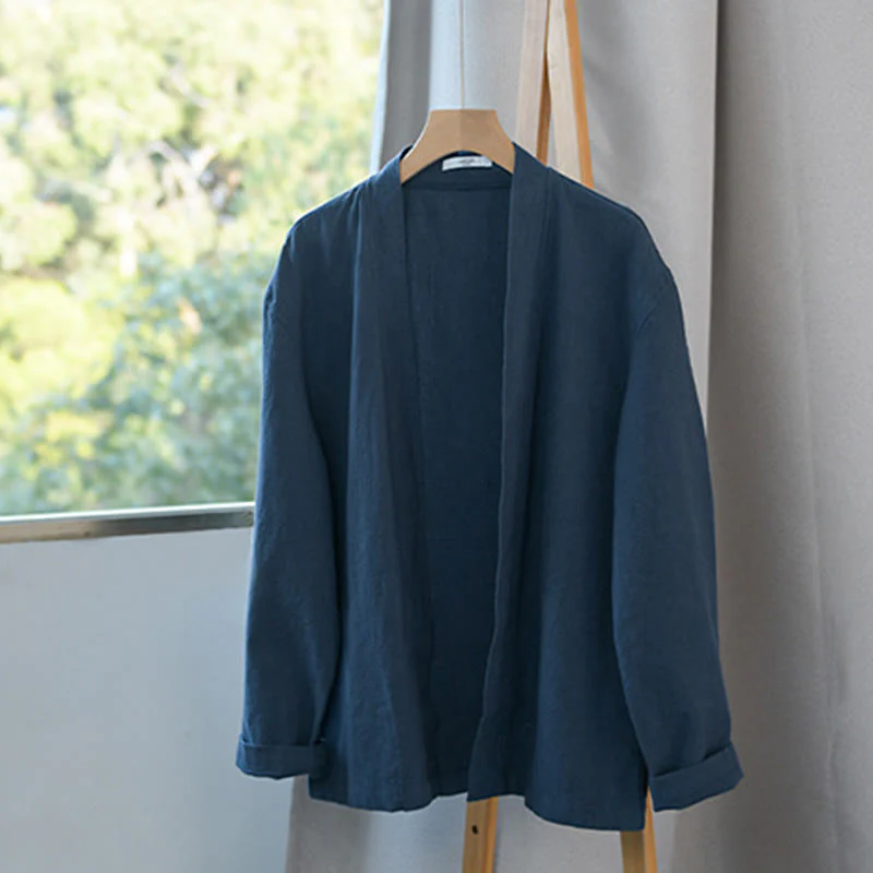 Buddha Stones Casual Pure Color Stand Collar Men's Long Sleeve Cotton Linen Shirt