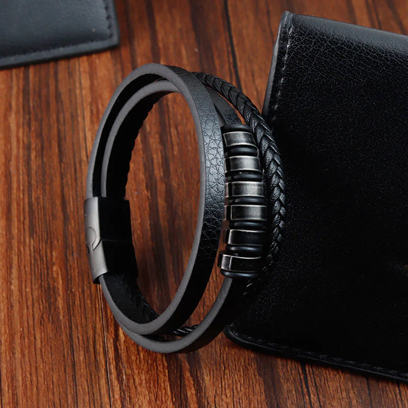 Buddha Stones Simple Titanium Steel Braided Three-layer Leather Buckle Calm Bracelet