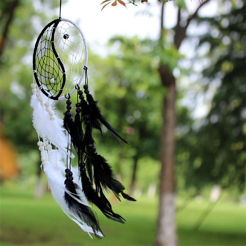 Buddha Stones Yin Yang  Dream Catcher Circular Net with Feathers Balance Decoration
