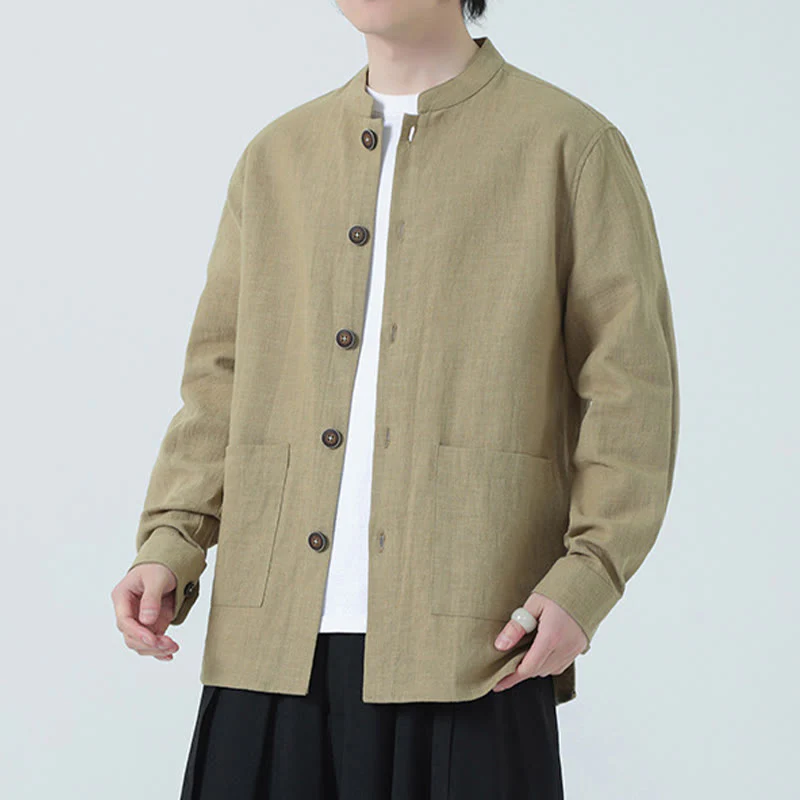 Buddha Stones Men's Button Ramie Linen Cotton Fleece Lined Jacket Shirt With Pockets