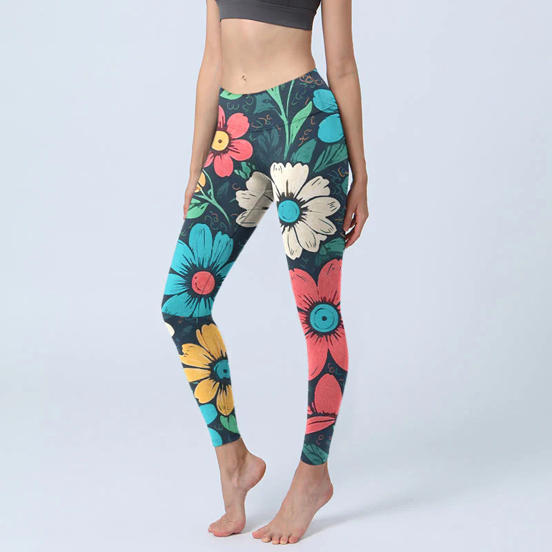Buddha Stones Colorful Flower Pattern Print Gym Leggings Women's Yoga Pants