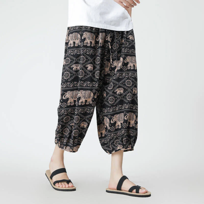 Buddha Stones Summer Square Patchwork Elephant Mandala Geometry Cotton Linen Men's 7-8 Length Pants With Pockets