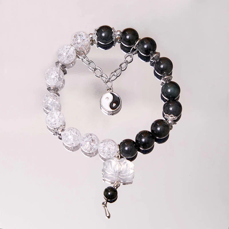 Buddha Stones Silver Sheen Obsidian Crackle Clear Quartz Black Rutilated Quartz Yin Yang Lotus Protection Bracelet