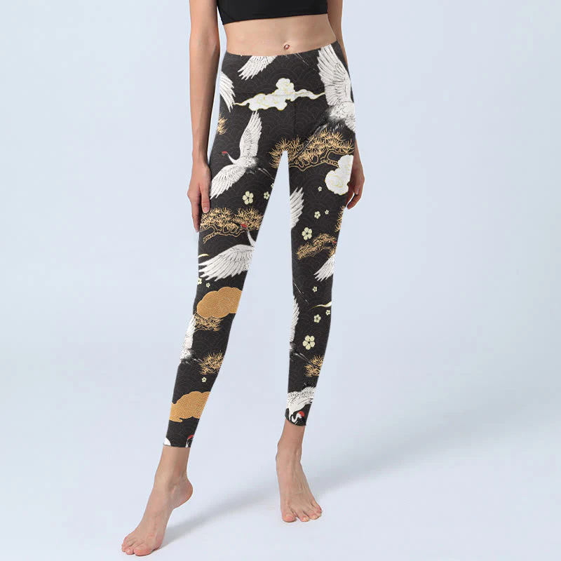Buddha Stones White Red-crowned Cranes Golden Pine Trees Print Gym Leggings Women's Yoga Pants