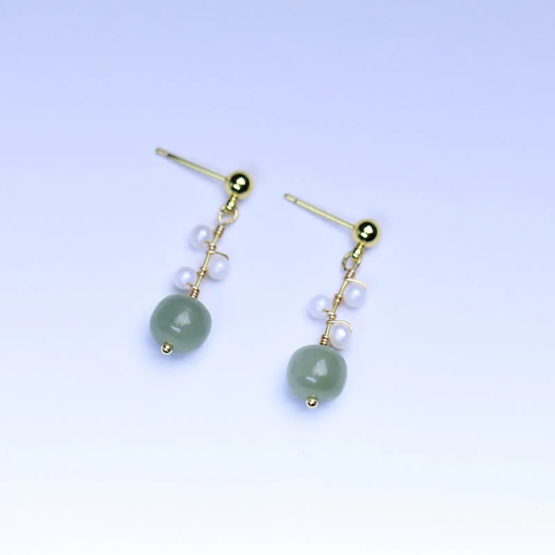 Buddha Stones Hetian Jade Flower Pattern 14K Gold Plated Luck Drop Dangle Earrings