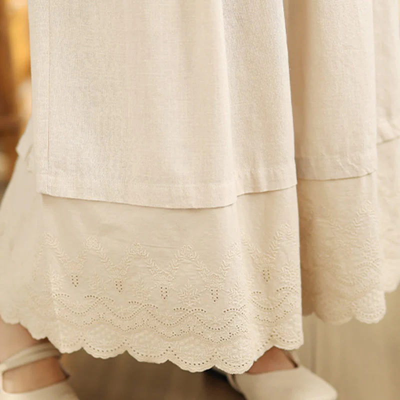 Buddha Stones Spring Embroidery Lace Hem Patchwork Drawstring Design Women's Wide Leg Cotton Pants With Pockets