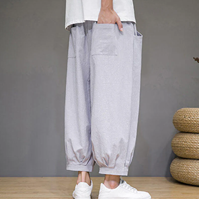 Buddha Stones Simple Cotton Men's Cropped Capri Harem Pants With Pockets