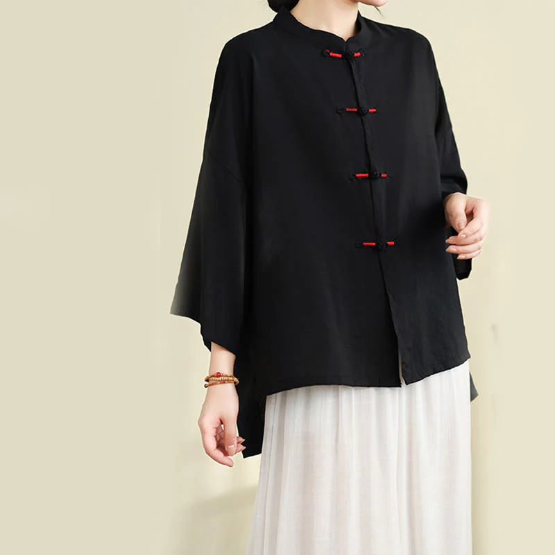 Buddha Stones 2pcs Casual Women's Frog Button Shirt Loose Pants Meditation Clothing Set