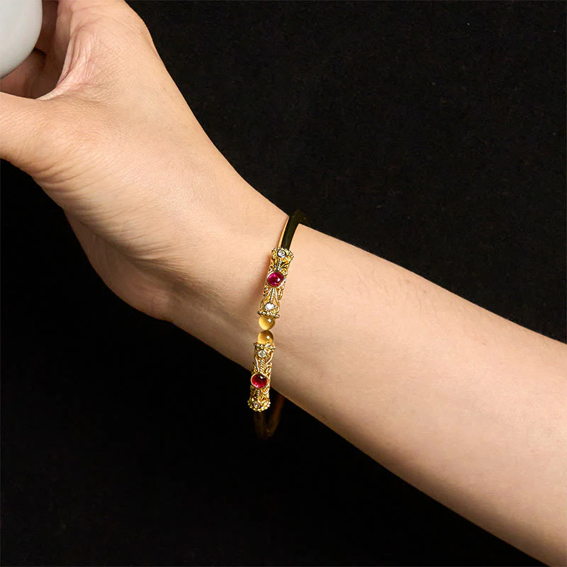 Buddha Stones Golden Flower Pattern Red Zircon Amber Copper Luck Cuff Bracelet Bangle