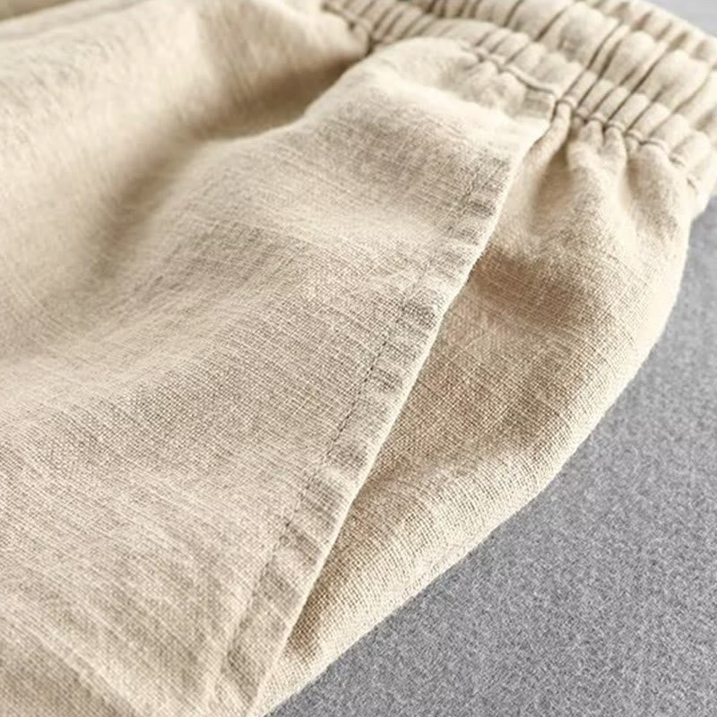 Buddha Stones Drawstring Elastic Waist Cotton Linen Men's Shorts With Pockets