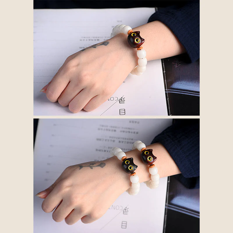 Buddha Stones Natural Bodhi Seed Small Leaf Red Sandalwood Ebony Wood Cute Lucky Cat Wisdom Bracelet