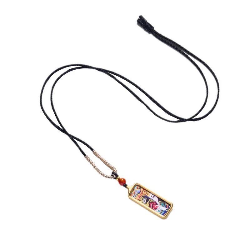 Buddha Stones Tibet Zakiram Yellow God of Wealth Nine Tailed Fox Hand-Painted Thangka Calm Necklace Pendant