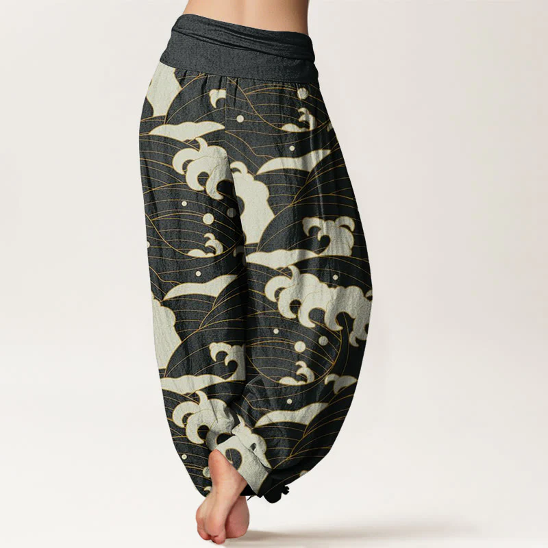 Buddha Stones Casual Abstract Wave Pattern Women's Elastic Waist Harem Pants