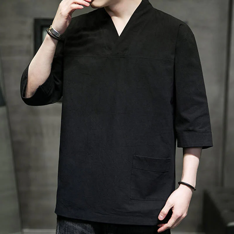 Buddha Stones Summer Casual Simple V-Neck Design Men's Cotton Linen Three Quarter Sleeve T-Shirt With Front Pocket