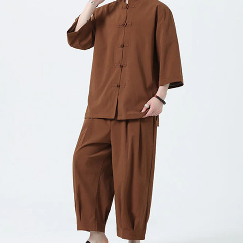 Buddha Stones 2Pcs Solid Frog-Button Three Quarter Sleeve Shirt Pants Men's Set
