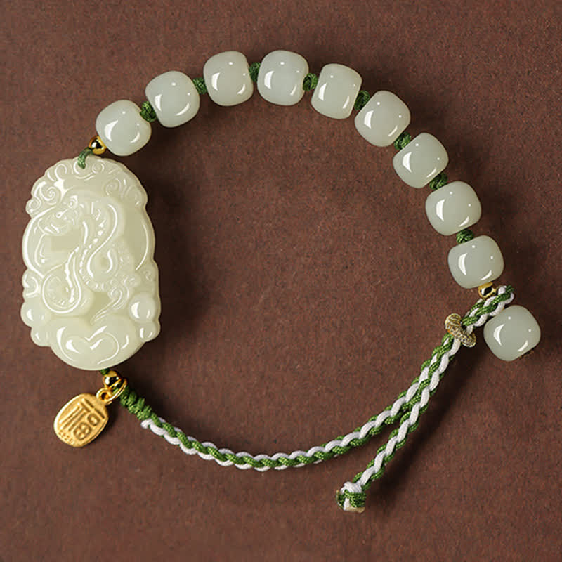 Buddha Stones 925 Sterling Silver Chinese Zodiac Hetian Jade Happiness Luck String Bracelet