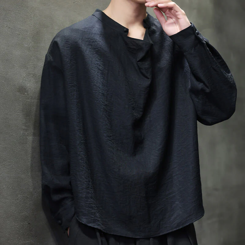 Buddha Stones Spring Solid Color Pleated Stand Collar Design Tang Suit Men's Long Sleeve Linen Shirt