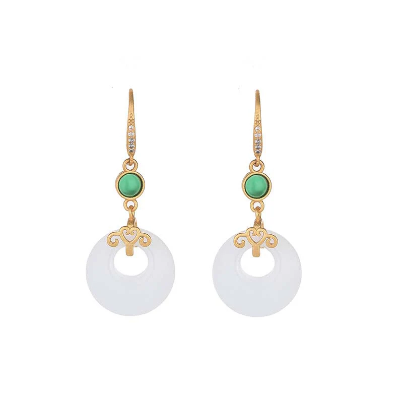Buddha Stones FengShui White Jade Blessing Drop Earrings