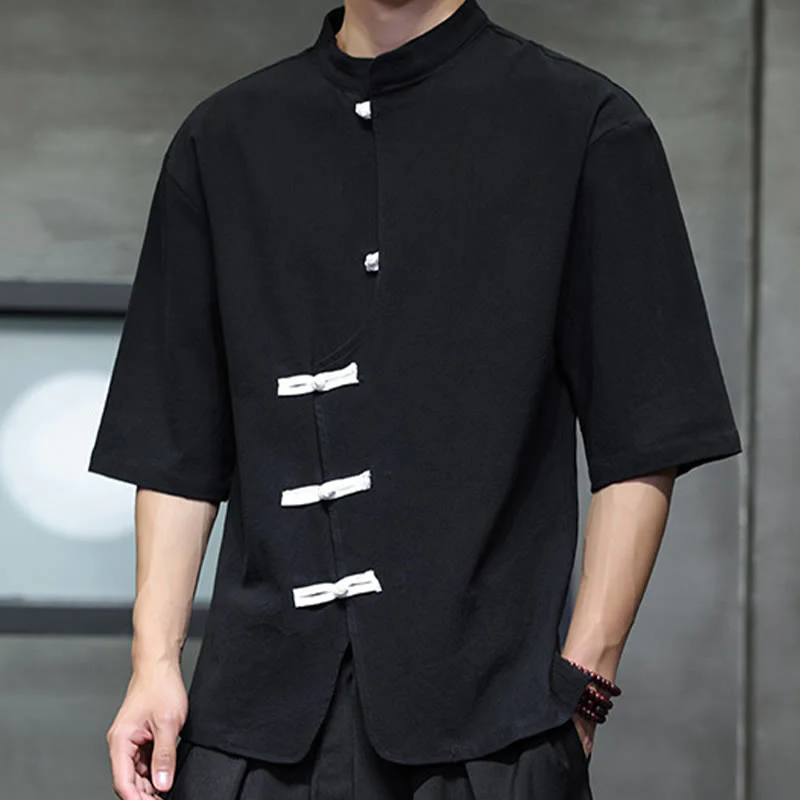 Buddha Stones Casual Plain Chinese Frog-Button Stand Collar Cotton Linen Men's Shirt