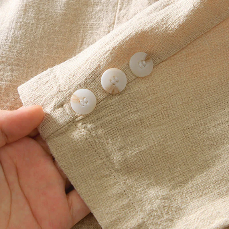 Buddha Stones Long Sleeve Button Placket Design Men's Cotton Linen Jacket Shirt With Pockets